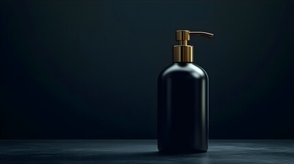 Fototapeta premium Elegant Black Pump Bottle with Gold Accent on Dark Background, black bottle, gold pump, dispenser, soap bottle, lotion bottle