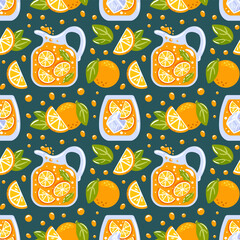 Seamless pattern showcasing vibrant orange lemonade with orange slices in a pitcher and glass. Perfect for cocktails and smoothies, this design captures a refreshing, nostalgic summer vibe.