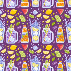 Vector illustration, bright seamless pattern of refreshing lemonades with ice cubes and ingredients such as lemon, strawberry, watermelon, cucumber, blueberry. Orange soda, perfect for a summer mood.