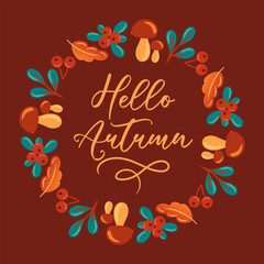 vector illustration features a round wreath composed of mushrooms, leaves, and berries, perfectly capturing the essence of autumn. Ideal for seasonal decorations and designs, it adds a natural touch