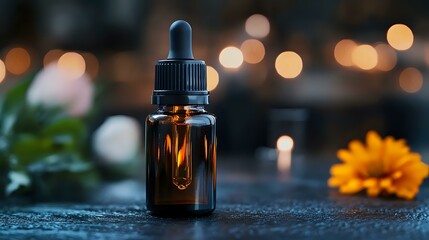 Amber glass dropper bottle with essential oil against blurred bokeh lights and orange flower, dark moody wellness composition for aromatherapy and spa.