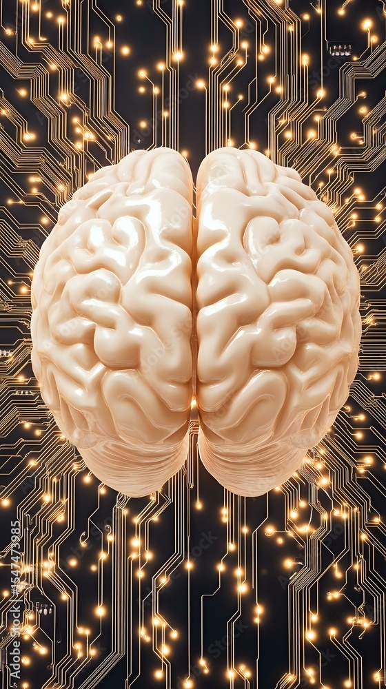Poster human brain model on electronic circuit board background with glowing connections and neural pathway