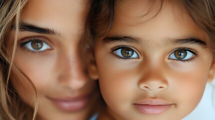 Fototapeta premium Close up portrait of young mother and daughter with striking blue eyes and natural makeup, showing tender family bond and genetic resemblance against neutral background.