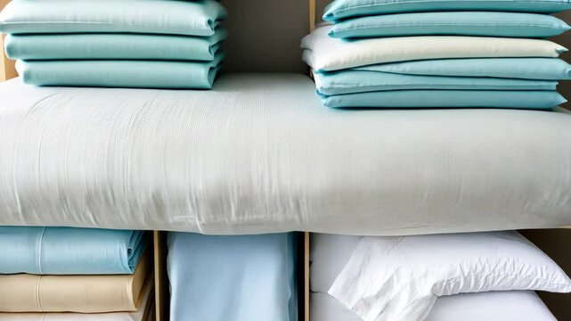 Organizing linen closet with neatly folded bedding and coordinated color scheme