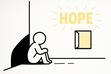 Minimalist figure in darkness looking toward window of hope