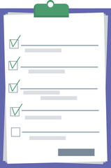 Vector illustration of a tablet with a checklist on a purple background. Four tasks are checked, one remains. Represents productivity, goal setting, planning, and organization