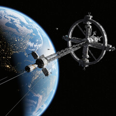 Naklejka premium Orbiting Space Station with Earth in Background.