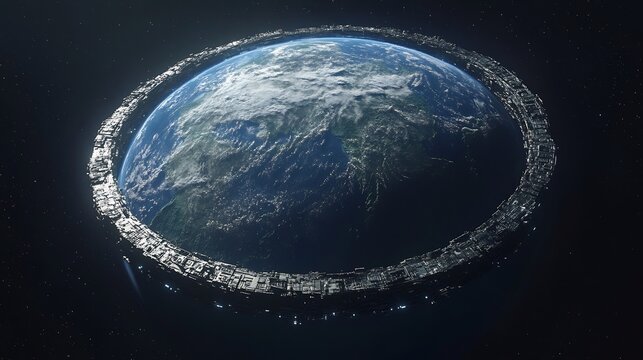 Earth, ringed, space, surreal.  A ring encircles a depicted Earth, suspended in darkness filled with stars