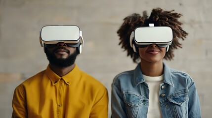 Young African American couple wearing virtual reality headsets, smiling while experiencing VR technology together against neutral wall background.