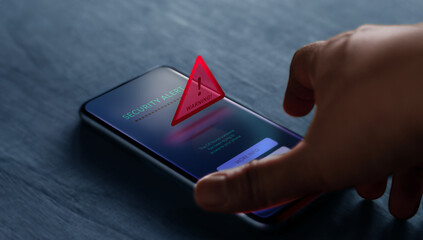 A smartphone displays a cybersecurity alert, highlighting risks of cybercrime, data breach, and digital vulnerability