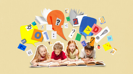 Four kids read books with curiosity as colorful numbers, letters, symbols, and speech bubbles erupt...