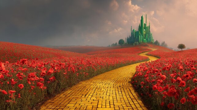 Stunning photo of image of image of yellow brick road leading through poppy field to green emerald city in the distance. Wizard of Oz concept.