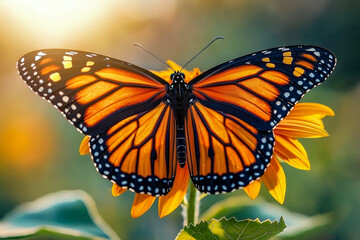 Vibrant monarch butterfly perched on a sunflower with blurred natural background