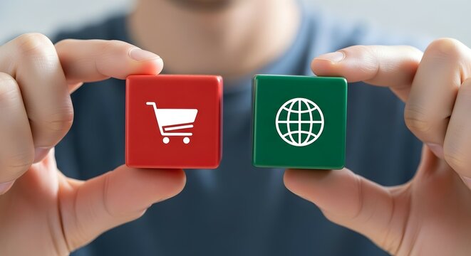 Man holding two cubes with shopping cart and globe symbols. Global online marketplace and e-commerce business concept.