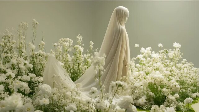 Muslim woman in a hijab. The bride is a maneken in a wedding white festive dress and a hijab. Modesty. Religion of Islam. Wedding and engagement. A woman in a beautiful white dress against a backgroun
