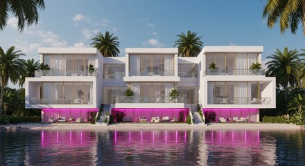 Modern beach villa illuminated pink reflection