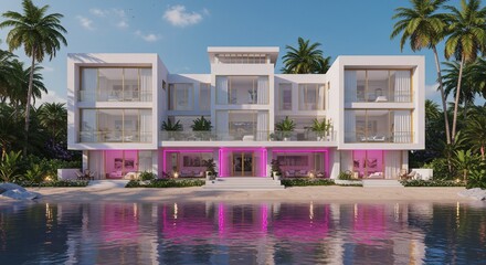 Modern beach mansion reflects neon glow