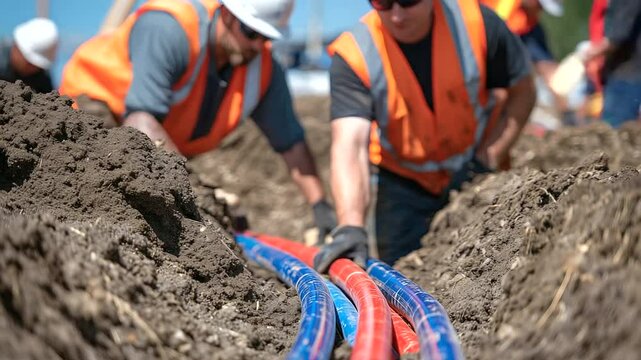 Close-up of colorful insulated pipes in trench, red and blue lines denoting heat and return, surrounded by construction workers finalizing installation