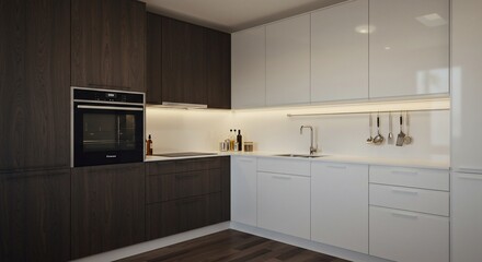Modern kitchen featuring dark wood elements
