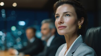 Confident Businesswoman Looks to the Future During a Late Night Meeting with Colleagues Focused on Strategy and Planning for Corporate Success and Innovation