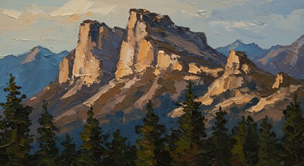 Majestic Mountain Peaks at Sunset, Impasto Oil Painting