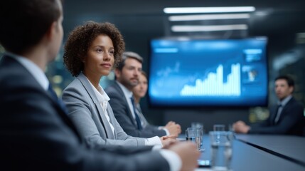 Focused businesswoman in a modern boardroom meeting discussing corporate finance and strategy with diverse colleagues in a high tech professional environment