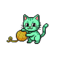 Pixel art cat playing with yarn ball transparent PNG