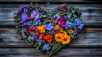 Heart-Shaped Wildflower Arrangement on Rustic Wood, flowers, wildflowers, bouquet, wooden background, texture