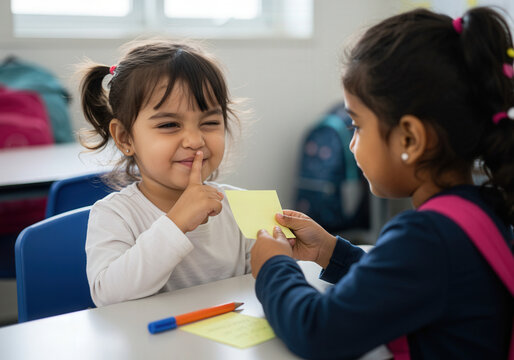 Two young girls whispering secrets at school desk with sticky notes and pencils