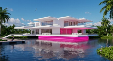 Modern white river house reflects neon