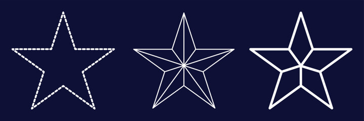 Lone star icon set. Dashed and lone thine line three star icon set. Sharp edges and bold outline in minimalistic design. For graphic design projects, digital illustration. 