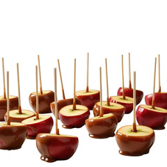 A delectable display of caramel apples with wooden sticks against a dark background arrangement view