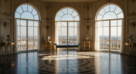 Opulent room overlooking a cityscape