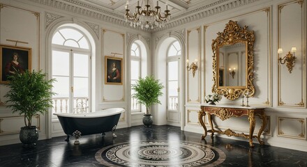 Ornate bathroom with chandelier and tub