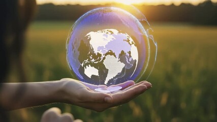 Empowering Global Unity through Sustainable Development Vibrant Green Field Digital Representation Serene Sunset Close-Up Perspective Environmental Awareness