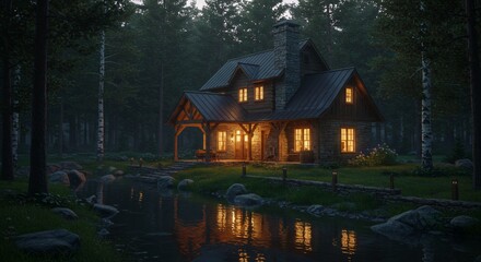 Rustic cabin waters edge peaceful nighttime