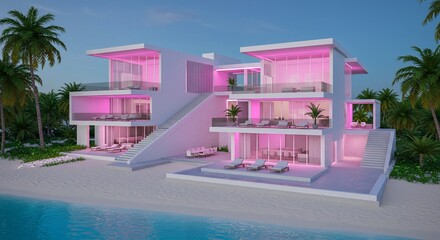 Sleek beachfront house glows pink