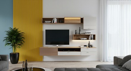 Serene living room with stylish wall unit