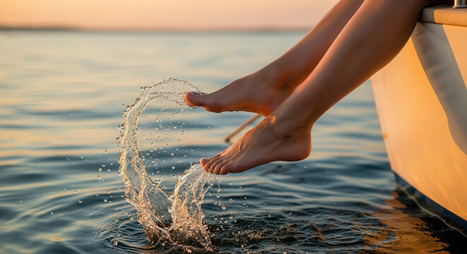Bare feet splashing water from boat at sunset on serene lake