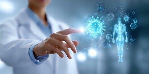 Medical professional in white coat pointing at glowing blue holographic coronavirus and human body visualization against dark background with digital elements.