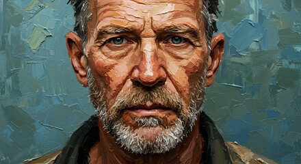 Impasto Portrait of a Weathered Man, Intense Gaze, Textured Background