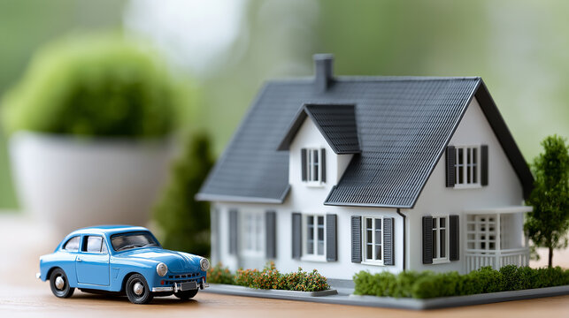 Financial planning concept with blue toy vehicle and detailed home model on wooden tabletop background, real estate, property investment, homeownership, toy car, house model, personal finance, post

