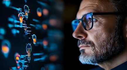 Middle-aged man with glasses looking at glowing digital interface with light bulb icons, representing innovation and technological advancement in dark setting.
