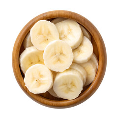 Banana slices in wooden bowl isolated on transparent background