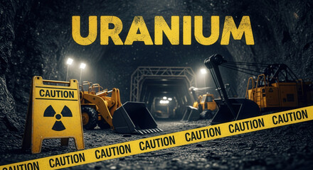 Uranium mining tunnel with caution signs and heavy machinery underground