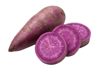 Purple sweet potatoes, sliced isolated on transparent background