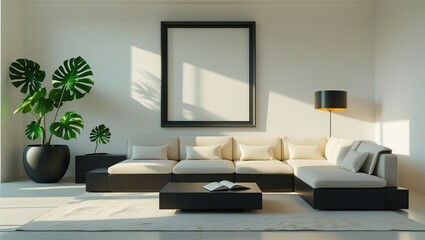 Modern Minimalist Living Room Interior with Monstera Plant