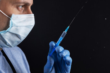Doctor, or scientist hand in blue nitrile gloves holding flu,