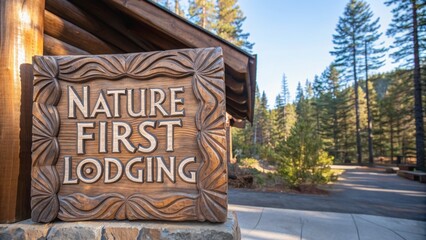 A wooden carved sign reading "Nature First Lodging" is displayed outside a rustic lodge surrounded by tall pine trees and a clear blue sky.