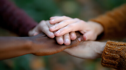 Diverse hands joined together in unity and support showing racial harmony, friendship, and teamwork. Close-up view demonstrates connection and solidarity.